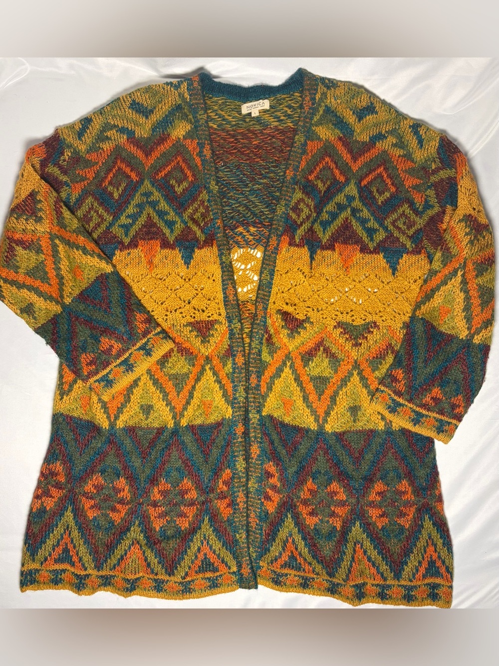 Novica Baby Alpaca Blend Geometric Motifs Knit Oversize Open Cardigan Women's LG